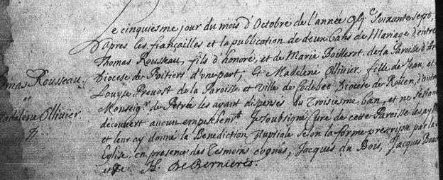 Image of Church Register Entry : Official Copy of Thomas Rousseau MARRIAGE to MADELEINE OLLIVIER